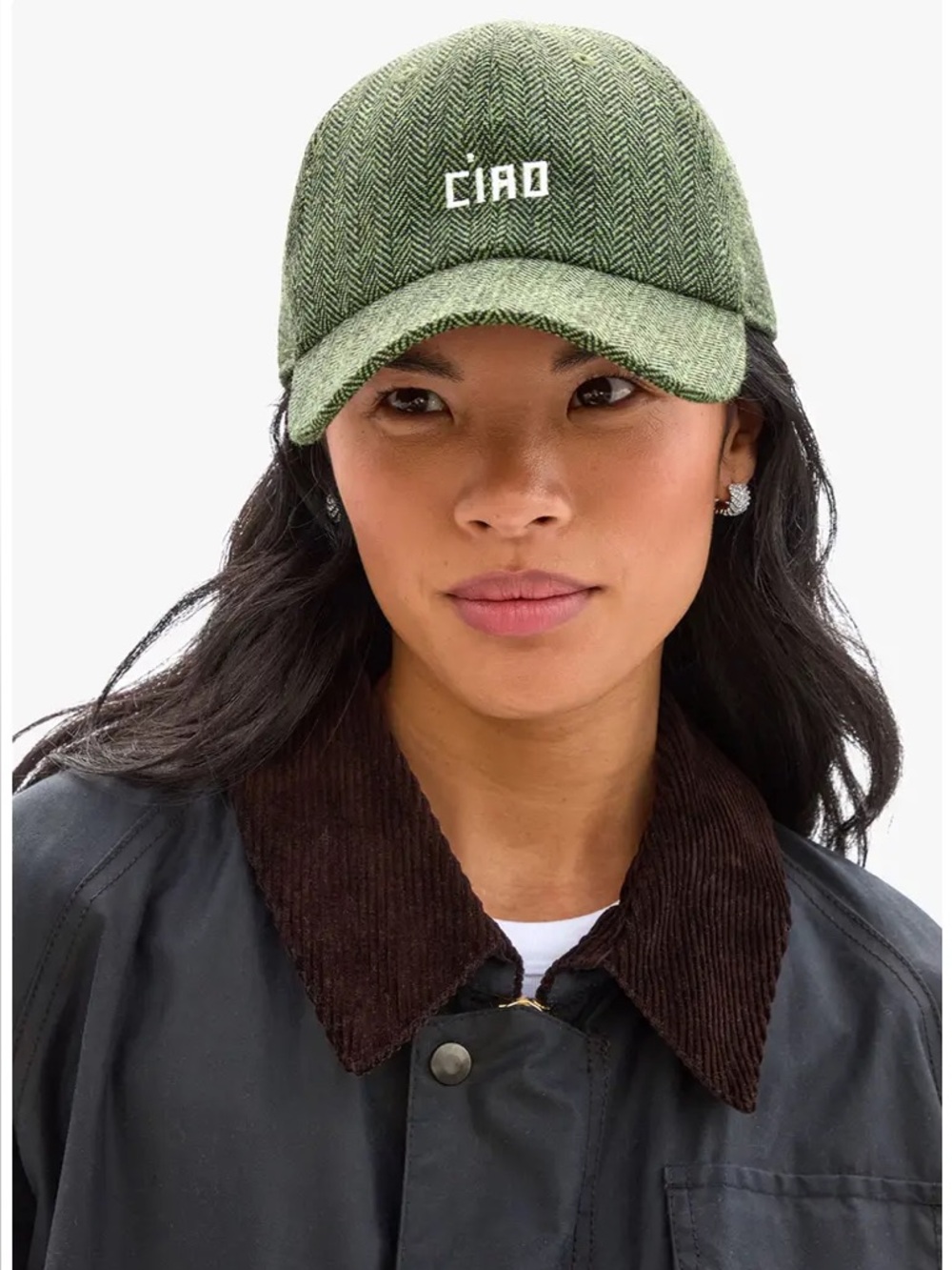 Clare V. Wool Green Herringbone Ciao Baseball Cap Hat